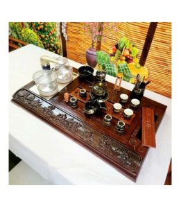 Bàn Trà Điện Gỗ Mun Đục Bát Tiên Quá Hải M056 | Tụ Phúc, Dưỡng Trà, Vượng Gia Đạo